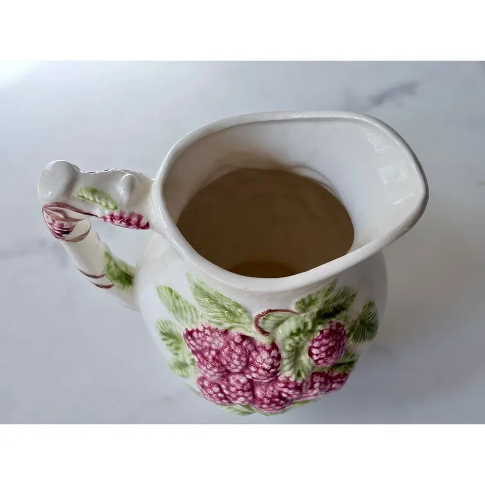 Vintage 1970s Ceramic Raspberry Pitcher | Majolica Style Fruit Design